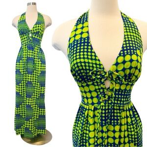 Vintage Op Art Beach Mates Key Lime Neon 60s 70s Halter Maxi Gown Corset Dress